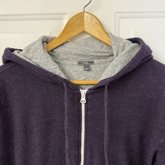 Vince Waffle Knit Thermal Lined Zip Hoodie Dark Purple Long Sleeve Mens Sz Large - Picture 3 of 10